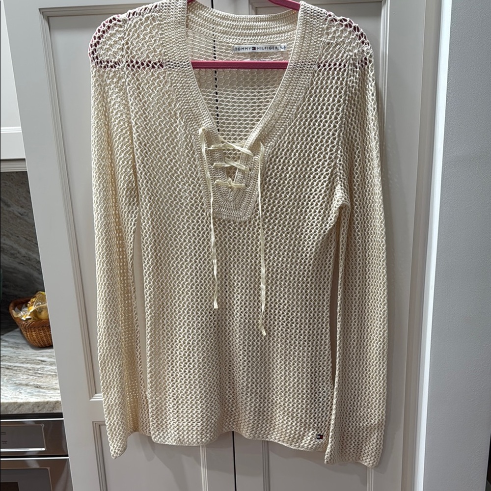 Tommy Hilfiger Cream Knit Lace-Up Sweater or swim coverup large layers?